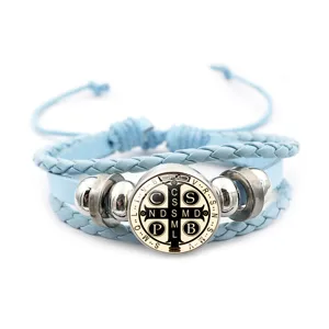 Saint Benedict medal multi-layer braided leather bracelet with metal beads for daily fashion wear.