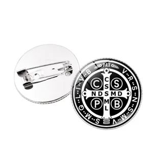 Classic Saint Benedict medal brooch pin, stylish religious metal badge for clothes and bags.