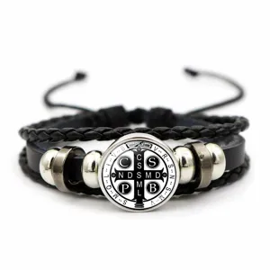 St. Benedict medal multi-layer black leather braided bracelet religious jewelry gift