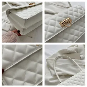 White quilted underarm bag detail, chic shoulder bag with gold lock hardware, elegant fashion design.