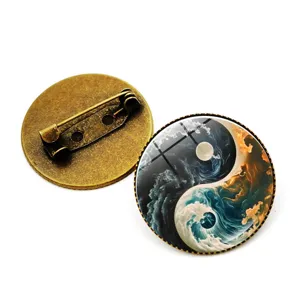 Vintage Tai Chi Yin Yang Brooch Antique Bronze Pin Art Glass Dome Badge Clothing Decor