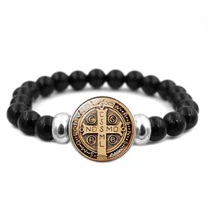 Bracelet de perles de la médaille de Saint Benoît bijoux religieux catholiques noirs
