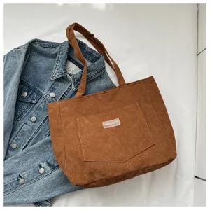 Brown corduroy tote bag for women, large capacity casual shoulder bag and handbag.
