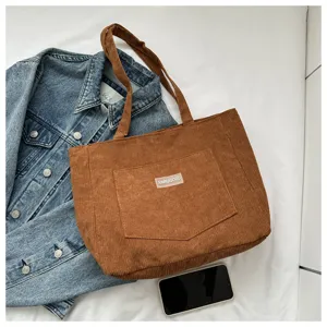 Brown corduroy tote bag for women, large capacity casual stylish single shoulder handbag with pocket