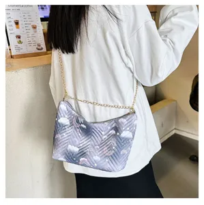Quilted nylon shoulder bag for women, stylish casual axillary bag with cute print.
