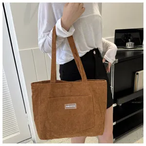 Brown corduroy tote bag for women large capacity casual shoulder handbag daily retro chic