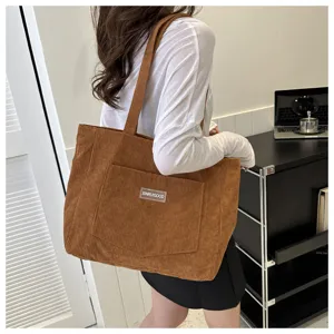 Casual brown corduroy tote bag for women large capacity shoulder bag retro aesthetic handbag