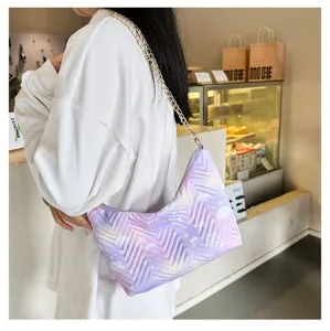 Stylish gradient quilted shoulder bag for women, chic underarm nylon bag with gold chain.
