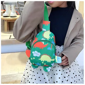 Cute cartoon dinosaur print children sling bag for boys and girls, perfect for daily travel use.