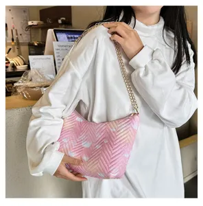 Pink nylon quilted hobo shoulder bag for women, chic winter casual chain underarm bag stylish purse.