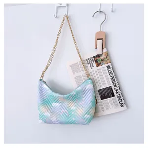 Detailed view of a gradient quilted nylon underarm shoulder bag featuring golden chain strap.