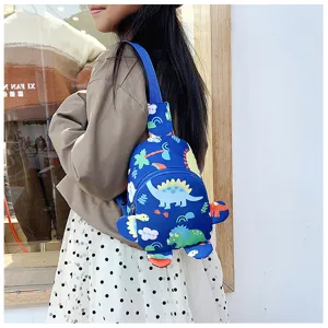 Kids cute dinosaur sling chest bag detail showcasing playful cartoon prints and vibrant blue color.