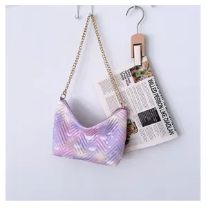 Purple gradient quilted underarm shoulder bag hanging detail with chic chain strap.