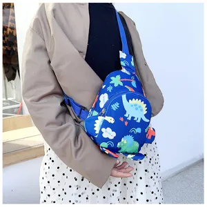 Kids cartoon dinosaur chest bag detail view, cute blue crossbody backpack with vivid dino design.