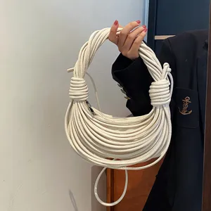 White knotted shoulder bag women stylish noodle handbag PU leather unique hobo purse chic