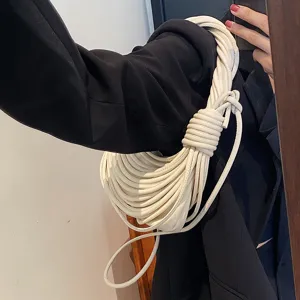 Chic cream white knotted noodle shoulder bag, unique minimalist designer handbag for women.