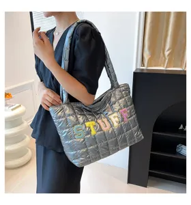 Silver puffer tote bag for women, quilted shoulder bag with colorful letters, casual style