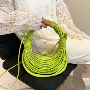 Green knotted noodle shoulder bag unique designer woven handbag for women daily casual wear