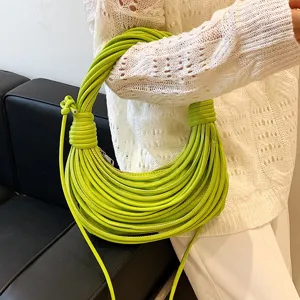 Neon green multi-cord braided shoulder bag unique knotted handbag for women daily style.