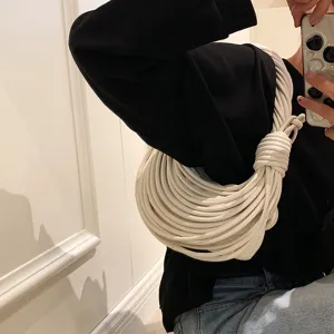 Beige leather multi strand woven shoulder bag unique handmade knotted noodle handbag for women