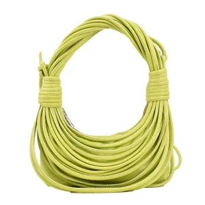 Green woven leather handbag, trendy noodle design with stylish knots, elegant shoulder bag for women.