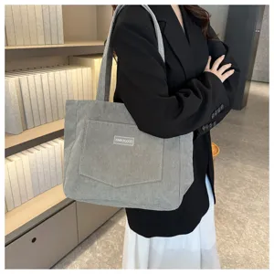 Grey corduroy tote bag for women, large capacity casual shoulder bag and stylish handbag.