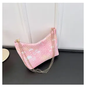 Pink gradient chevron nylon underarm bag with gold chain strap, stylish daily shoulder bag.