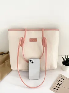 Large capacity color-block tote bag for women, versatile PU leather shoulder bag commute style.