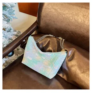 Quilted gradient underarm bag with gold chain strap, stylish women's nylon shoulder bag.
