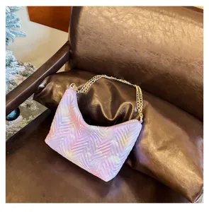 Quilted nylon underarm bag with gold chain strap, pink gradient cloud pattern stylish shoulder bag for women.