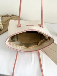 Large capacity color block tote bag women fashion embossed shoulder bag commuter bag detail
