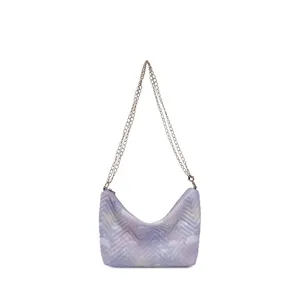 Close-up detail of the pastel gradient quilted shoulder bag with chain strap and soft fabric.