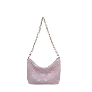 Pink quilted nylon shoulder bag with chain strap, stylish underarm hobo bag for women.