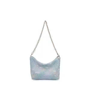 Quilted underarm shoulder bag with metal chain strap, gradient cloud pattern and zip closure.