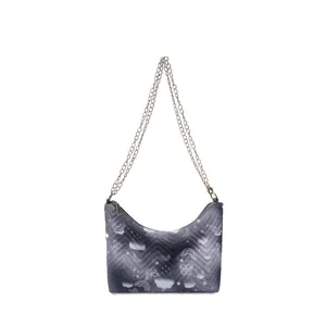 Chic women nylon underarm shoulder bag featuring golden chain strap and cute printed pattern