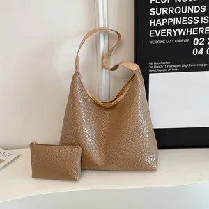 Tan Woven Leather Shoulder Tote Bag Minimalist Large Capacity Commuting Hobo Bag with Pouch
