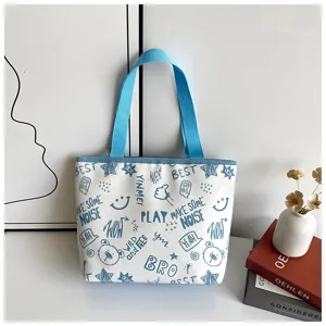 Canvas tote bag for women, stylish graffiti printed shoulder bag with large capacity, blue.