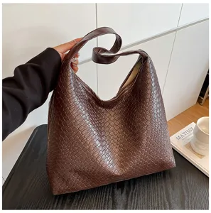 Brown woven leather shoulder bag minimalist commuting hobo bag large capacity tote bag