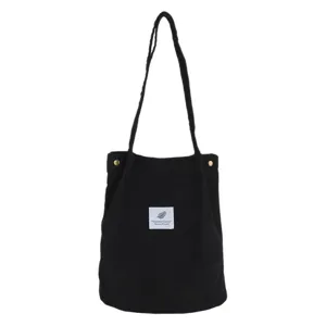 Black corduroy bucket bag casual shoulder tote bag daily travel handbag vintage style.