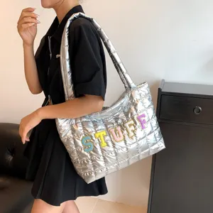 Women's Large Capacity Quilted Puffer Tote Bag PU Leather Space Down Cotton Shoulder Handbag Casual Commuter Bag