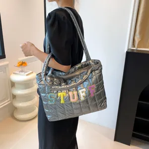 Silver quilted puffer tote bag, large capacity shoulder handbag with STUFF patches.