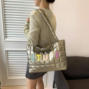 Fashionable metallic padded tote bag with colorful letters, large capacity shoulder bag.