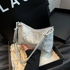 Women Fashion Sequin Snake Print PU Leather Shoulder Bag Versatile Commuting Underarm Bag Chic Handbag