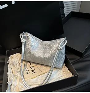 Silver metallic snakeskin underarm shoulder bag, stylish casual handbag for women commute.