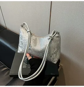 Silver snake print shoulder bag underarm handbag stylish PU leather commuting purses for women