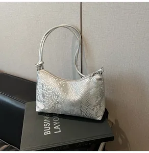 Silver metallic snake skin shoulder bag women stylish underarm bag trendy hobo handbag