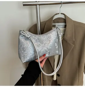 Silver snakeskin sequin shoulder bag underarm handbag stylish versatile commuter casual crossbody bag