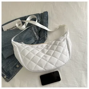 White quilted nylon crescent shoulder bag, casual large capacity dumpling crossbody bag.