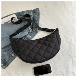 Chic black quilted nylon crescent shoulder bag, casual dumpling crossbody bag for women.