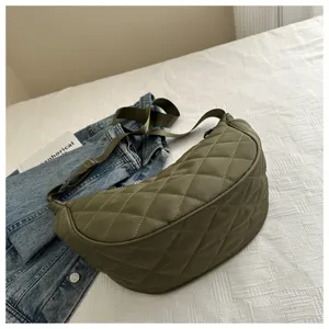 Green quilted nylon crescent crossbody bag, casual large capacity shoulder bag for women.